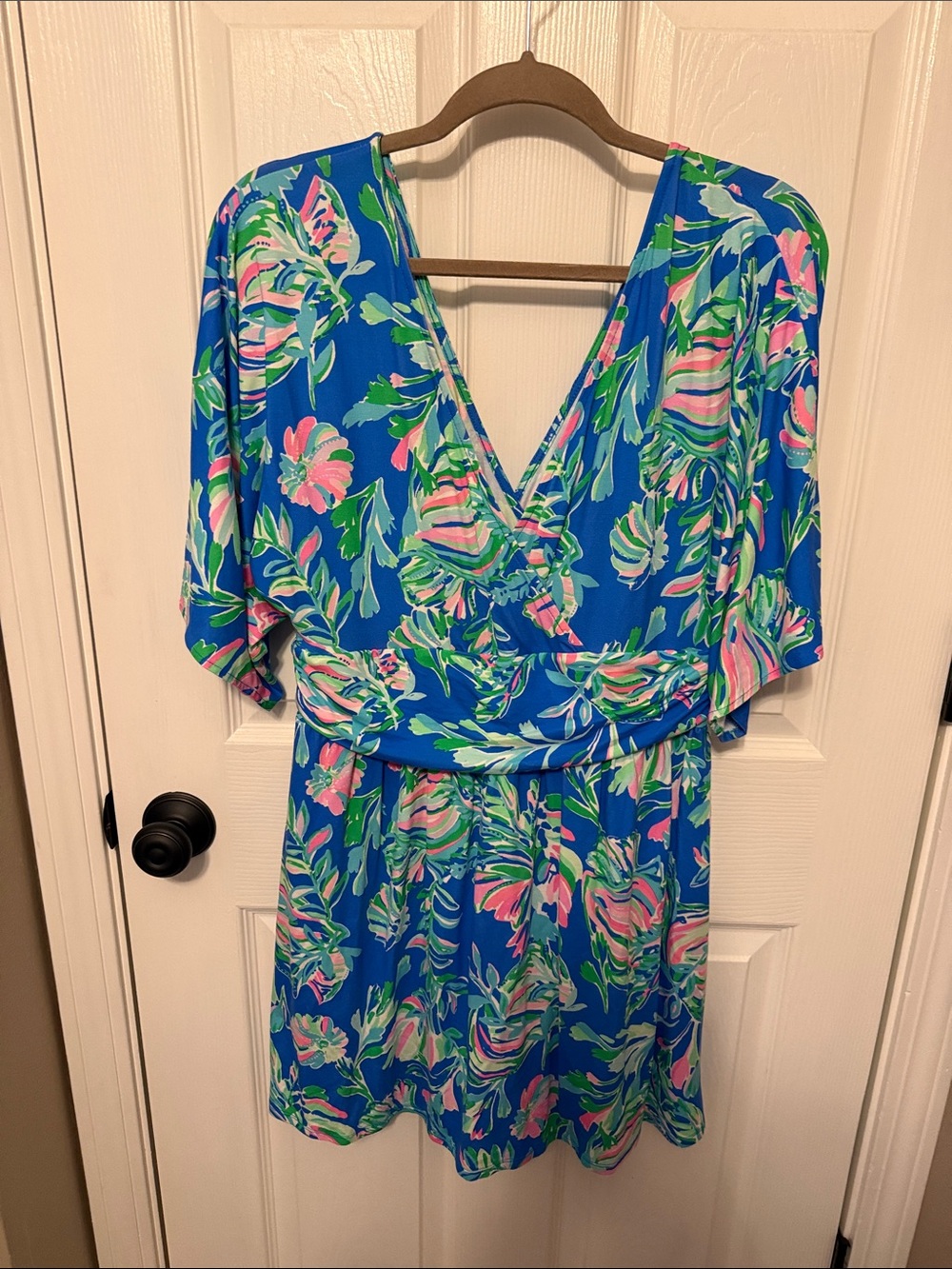 Womens Blue Floral Romper with Pink & Green Accents - Picture 2 of 2